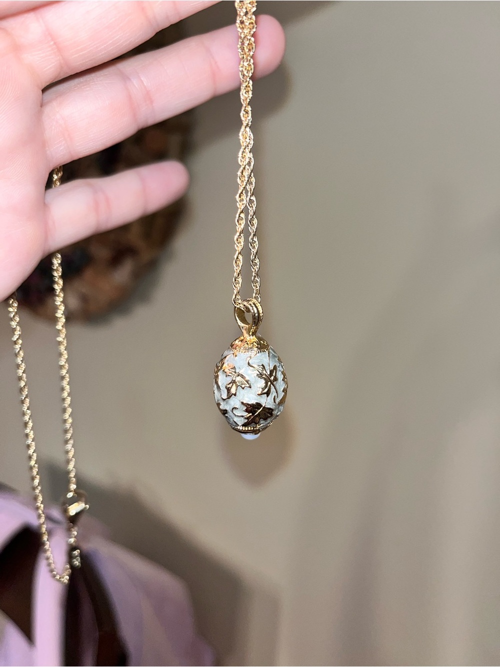 Enamel Painted Egg Pendant Gold Tone Necklace Faberg-Inspired